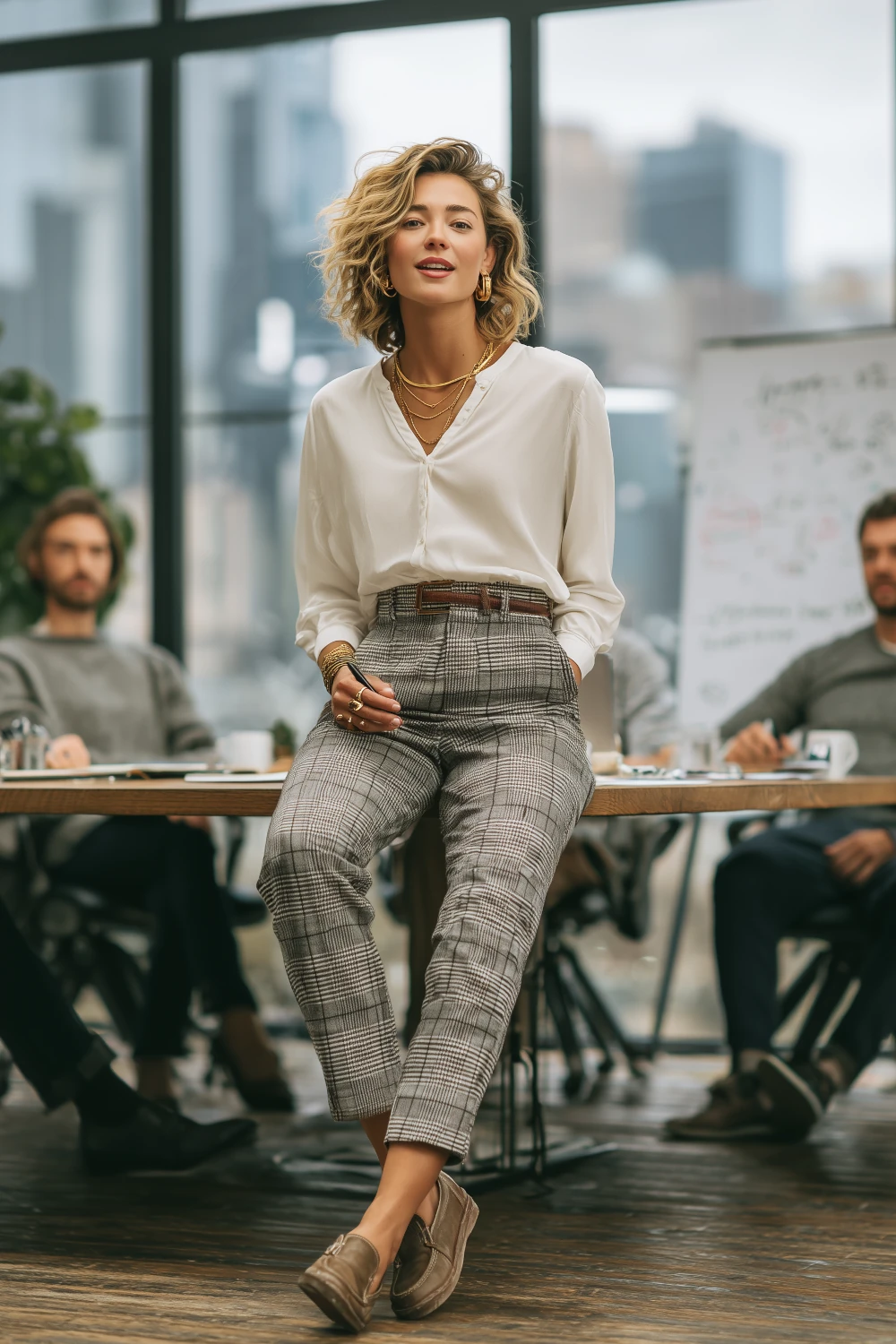 Woman in plaid pants and white blouse styled with loafers and gold jewelry sitting on a desk in a modern office, chic business casual fall outfit