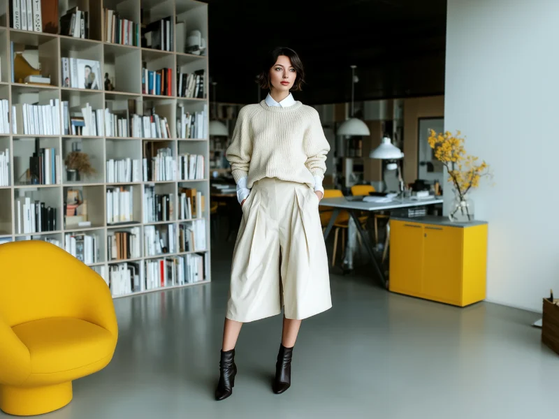 Stylish woman in business casual winter office outfit with sweater, blouse and culottes, standing in modern office space