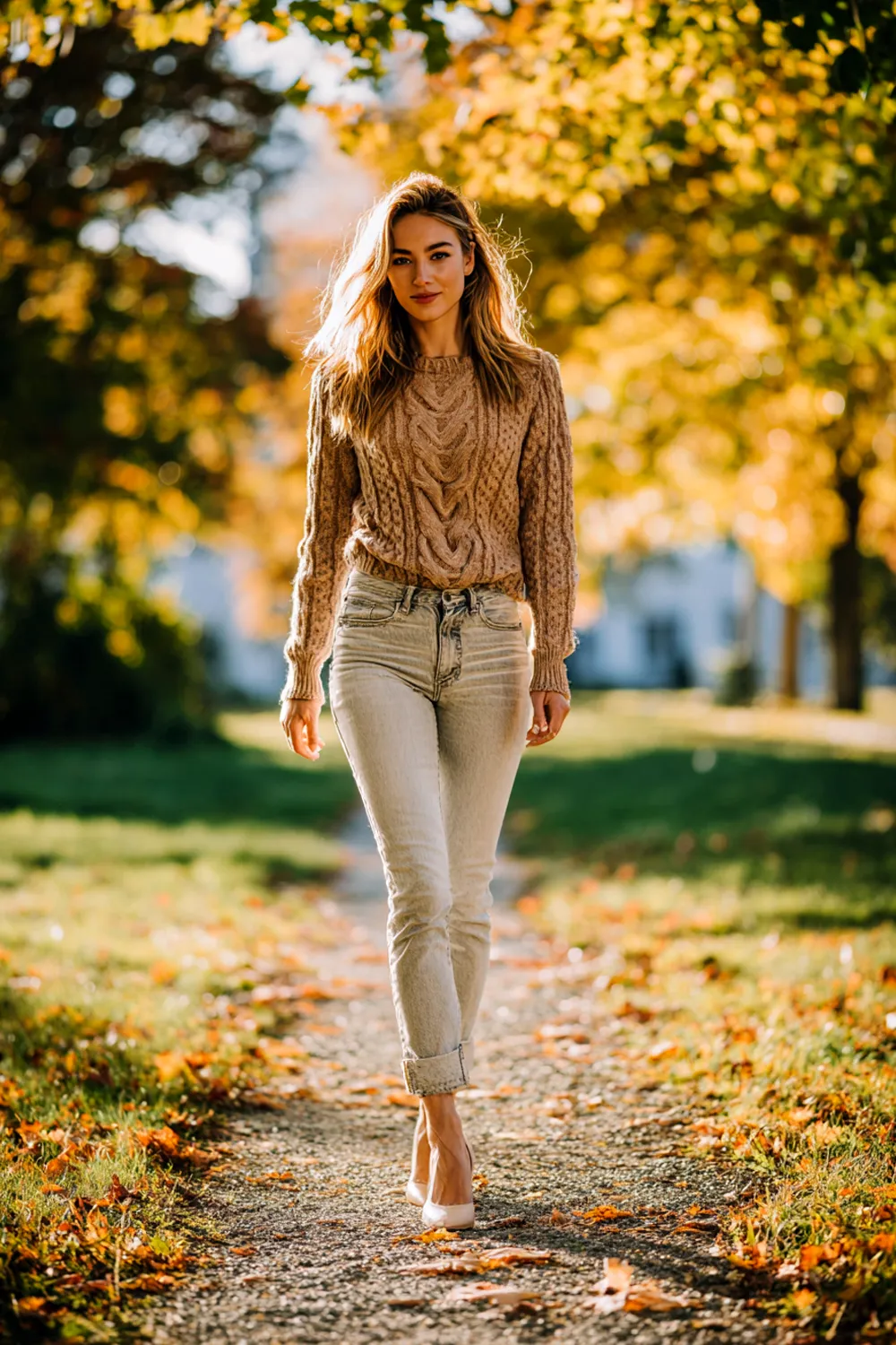 Woman in light jeans with heels wearing a chunky knit sweater walking through a park in autumn for a cozy date night outfit