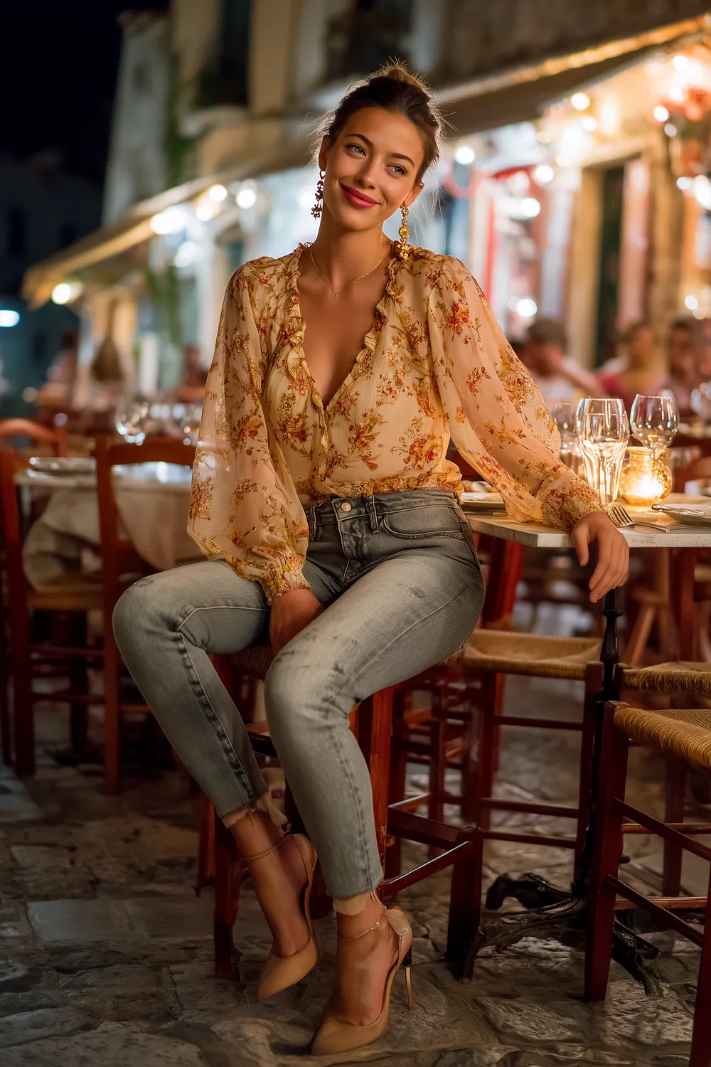 Woman in skinny jeans with stilettos and floral blouse styled for a chic dinner date night outfit with heels