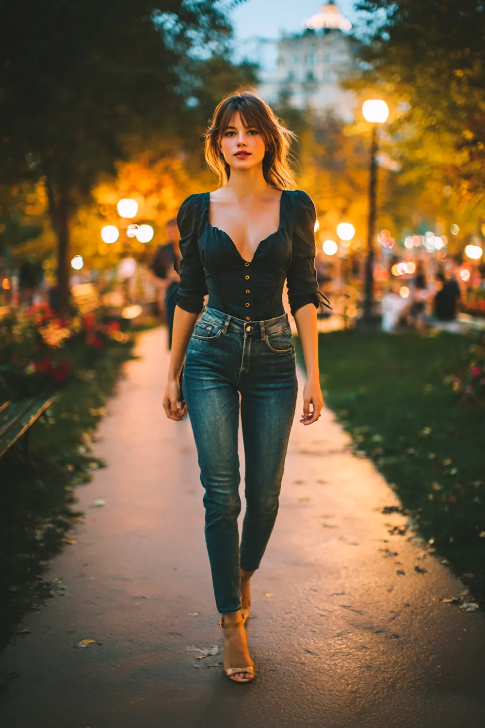 Woman in fitted jeans with heels and a chic black top walking through a park at dusk in a casual date night outfit