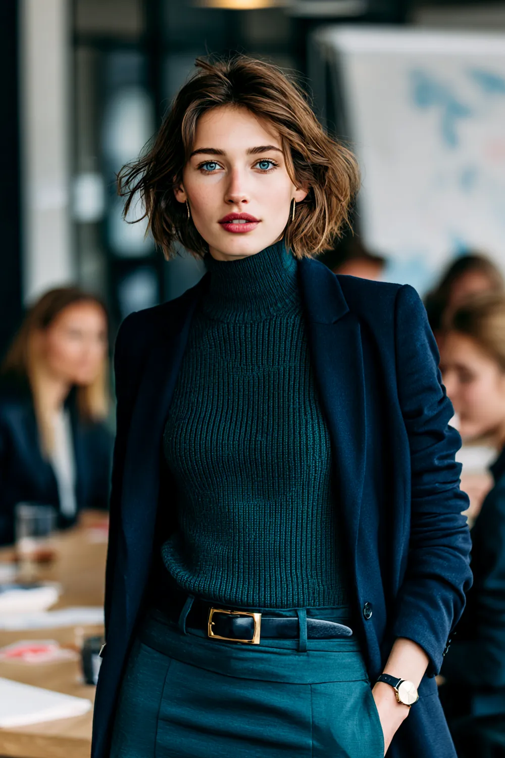 Stylish woman in chic winter office outfit with dark blazer and turtleneck, confident professional look for modern workplace