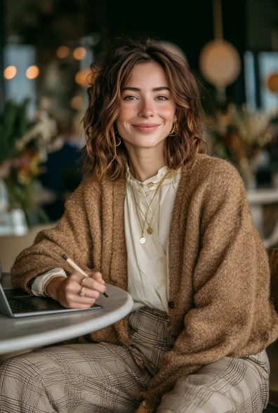 Contact Page Fashion Image with Woman in Plaid Pants Smiling woman in plaid pants, cream blouse and cozy cardigan sitting at a table with laptop and pen, stylish contact page fashion image