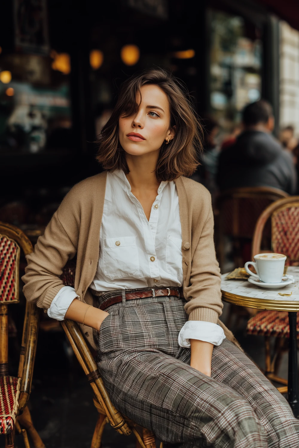 Woman in plaid pants, white blouse and camel cardigan sitting at a Parisian style café table with coffee, chic fall outfit inspiration