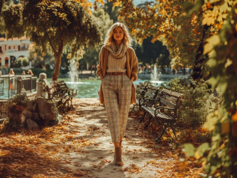 Woman in plaid pants with knit sweater, cardigan and scarf walking through an autumn park with fallen leaves, stylish fall outfit inspiration