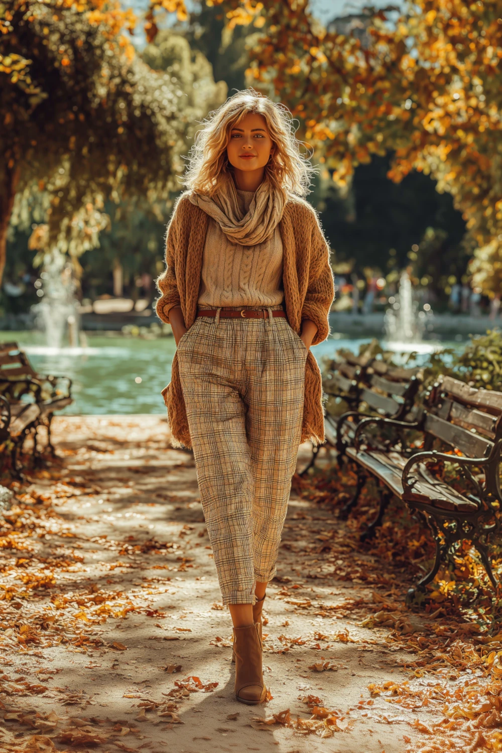Woman in plaid pants, knit sweater, cardigan and scarf walking through a park with autumn leaves, stylish fall outfit inspiration