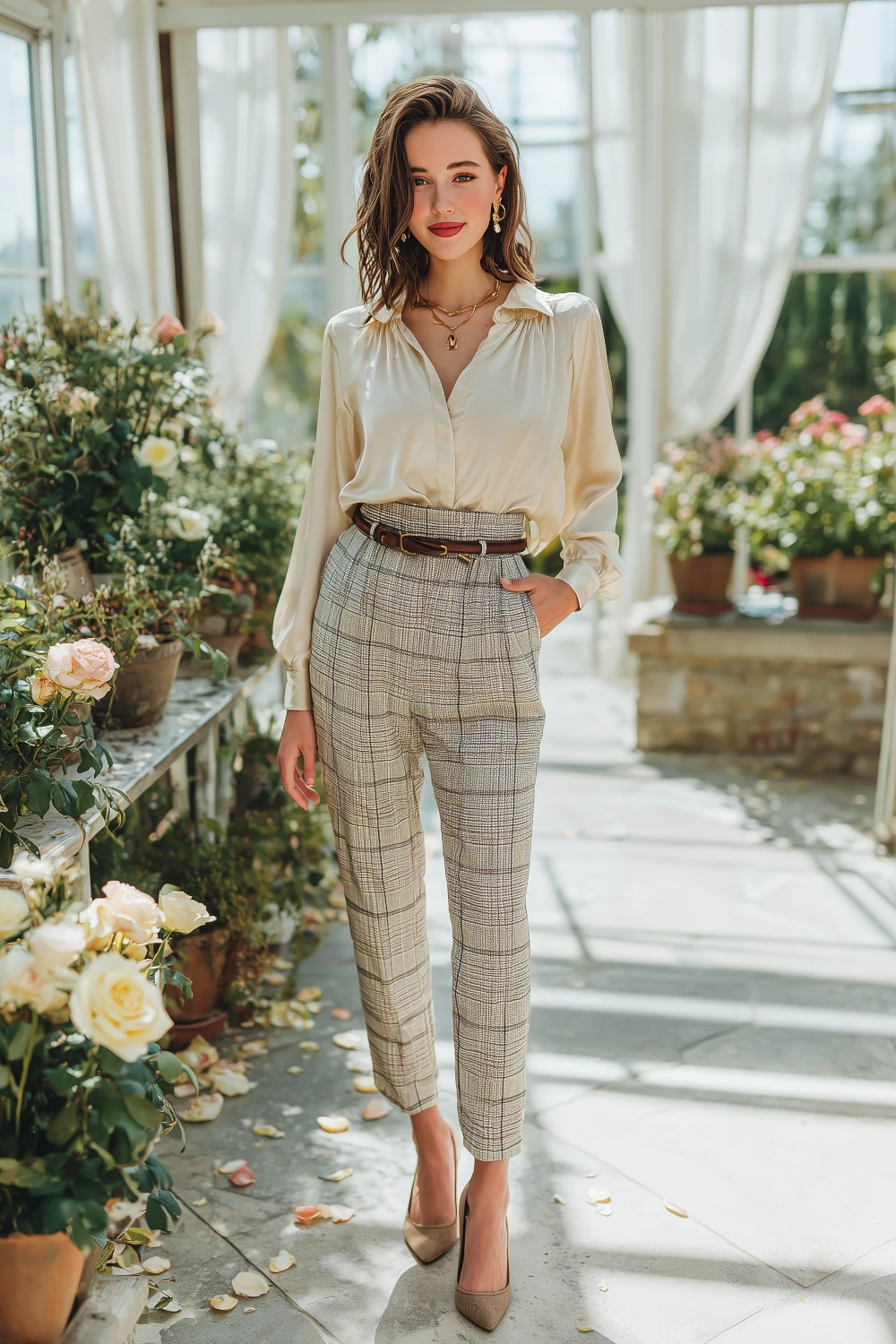 Woman in plaid pants with a cream silk blouse and heels standing in a sunlit garden room surrounded by roses, elegant feminine fall outfit