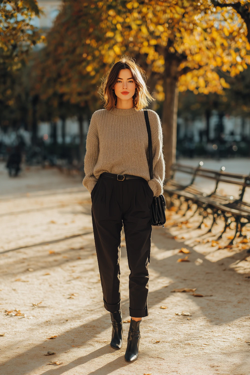Woman in minimalist capsule wardrobe wearing relaxed taupe knit sweater with tailored black trousers and ankle boots walking in park