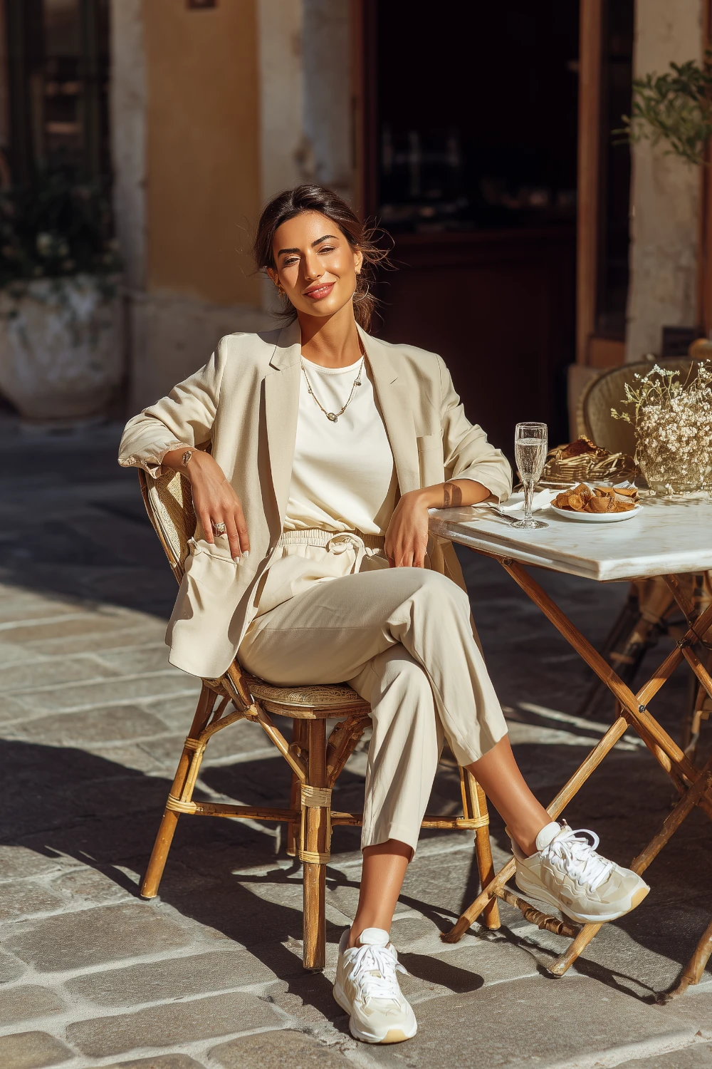 Stylish woman in minimalist capsule wardrobe sitting at a street café in beige blazer trousers and sneakers