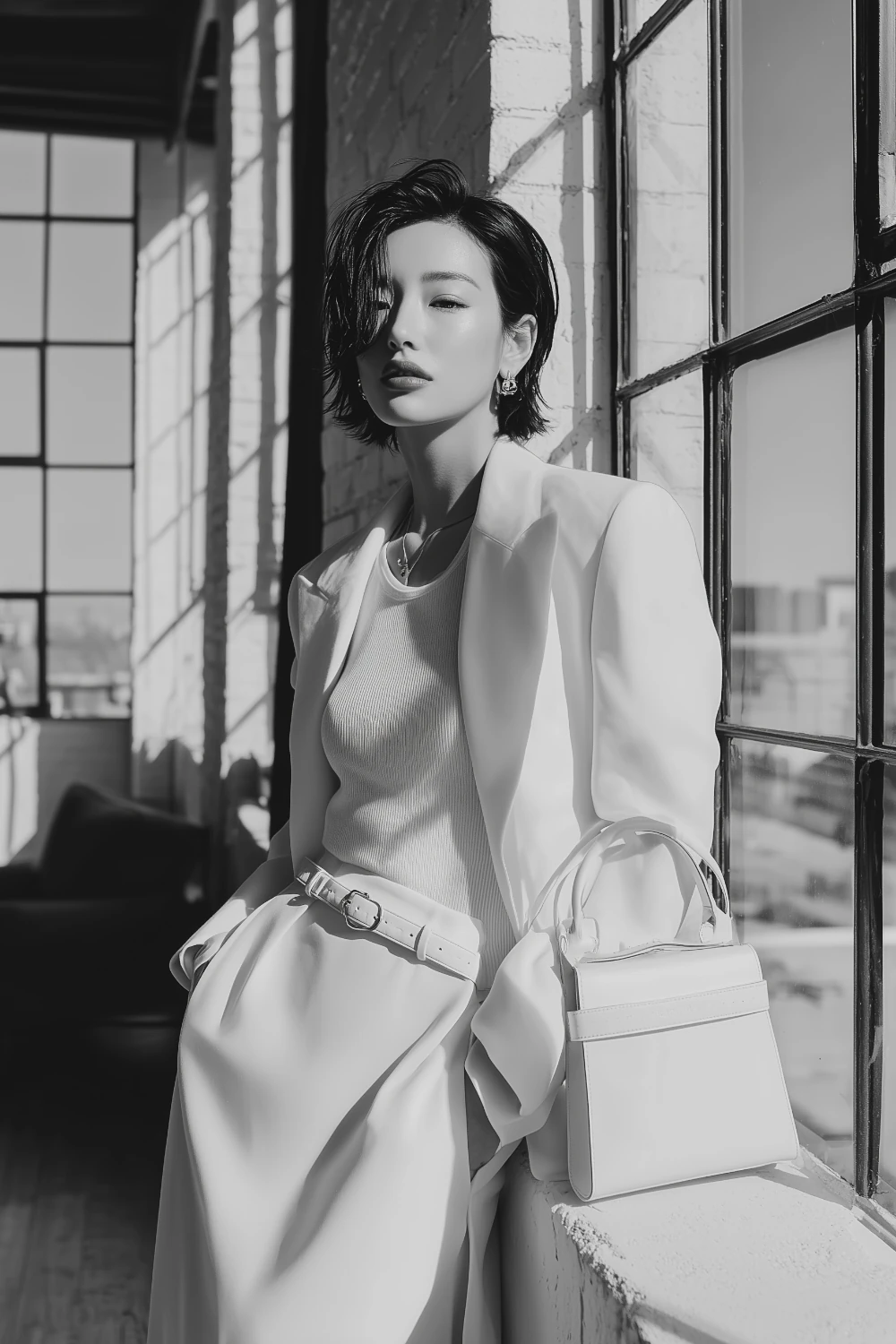 Woman in minimalist neutral outfit with white blazer, slim belt and structured top-handle bag, standing by loft window with natural light.