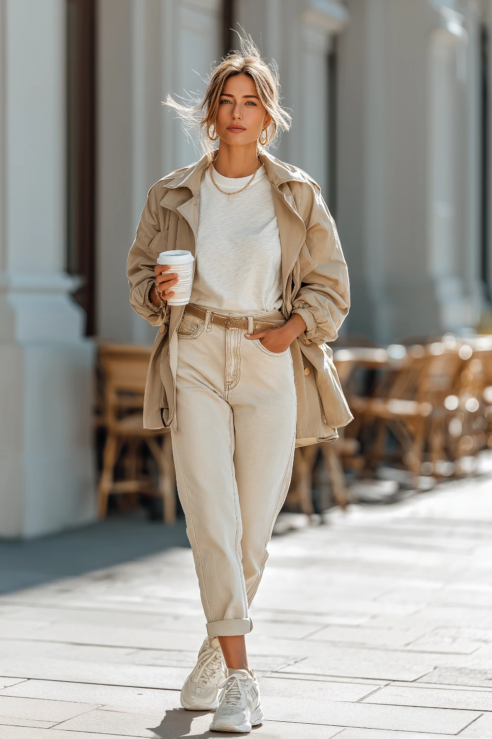 Woman in a minimalist neutral outfit—beige trench, soft white tee, straight jeans, clean sneakers—walking past a street café with a coffee cup.
