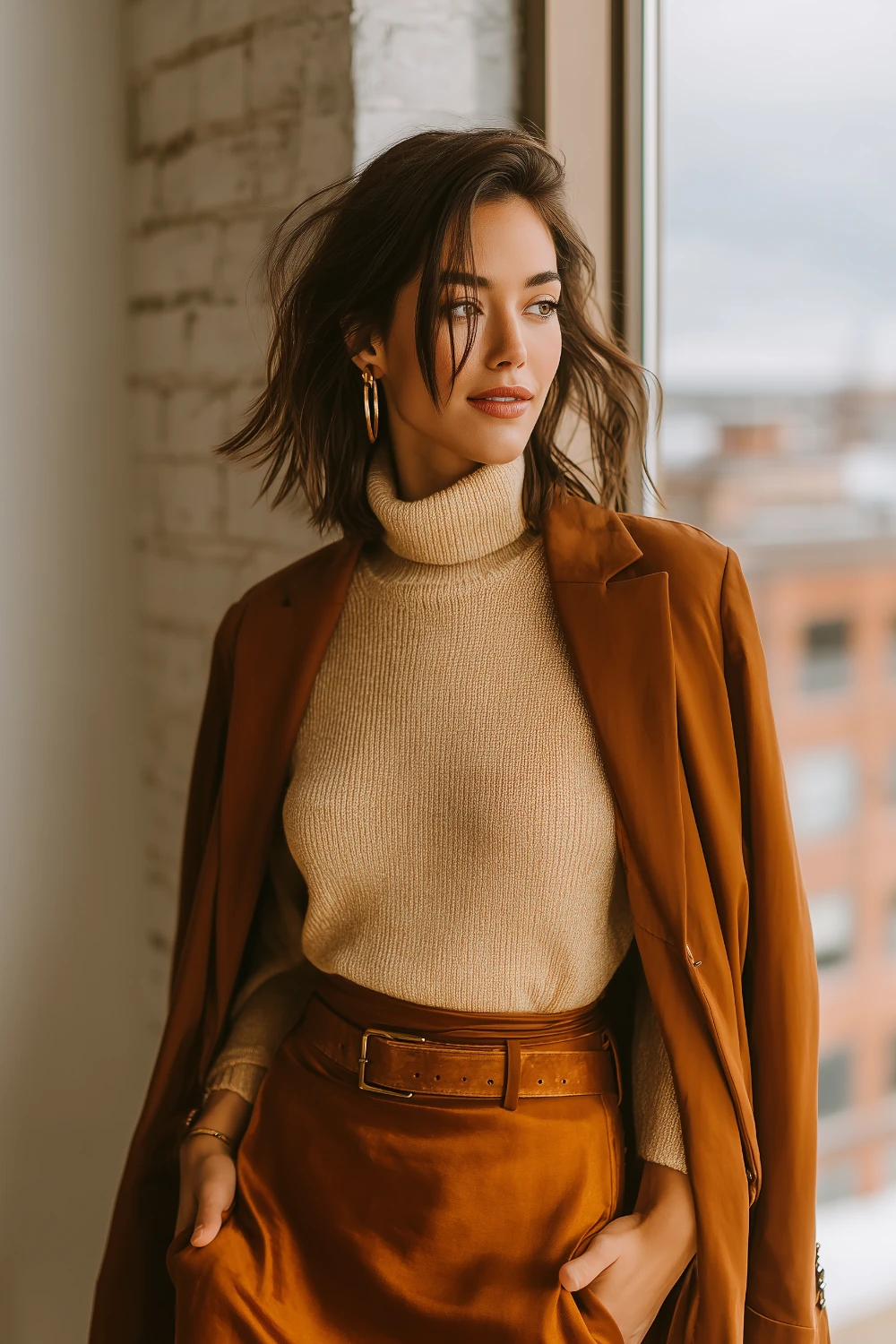Woman in a minimalist neutral outfit with caramel blazer, cream turtleneck sweater and satin slip skirt, styled with a slim belt by a loft window.