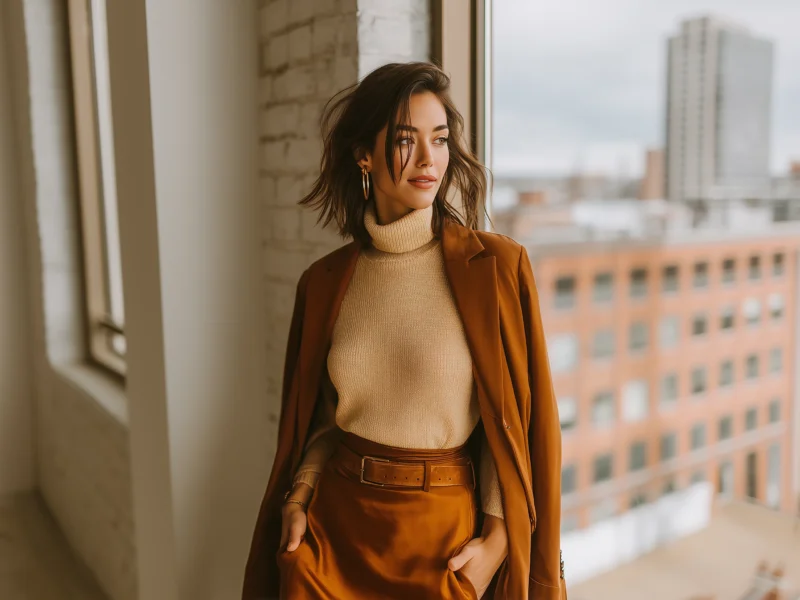 Woman in a minimalist neutral outfit with caramel blazer, cream turtleneck sweater and satin slip skirt, standing by loft window overlooking cityscape.