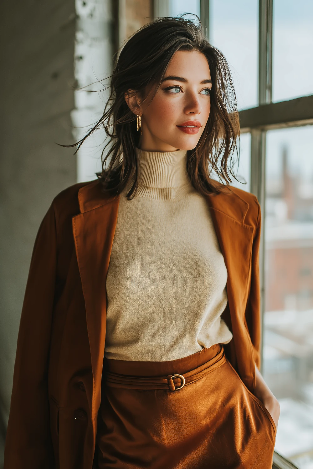Woman in a minimalist neutral outfit with chocolate slip skirt, cream mock neck top and caramel jacket, standing by a loft window in natural light.