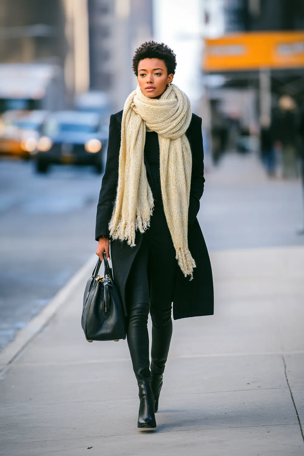 Stylish woman in office winter outfit with black coat, oversized cream scarf and leather handbag walking confidently in city street