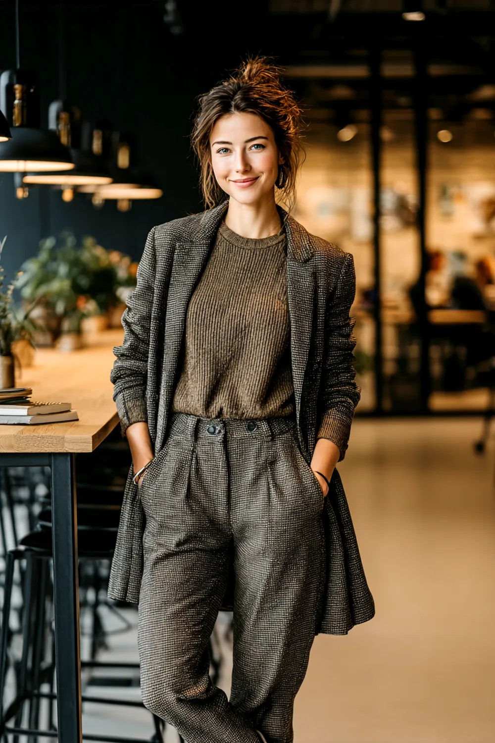 Smiling woman in professional winter office outfit with checked blazer, knit sweater and trousers, standing in modern workplace interior