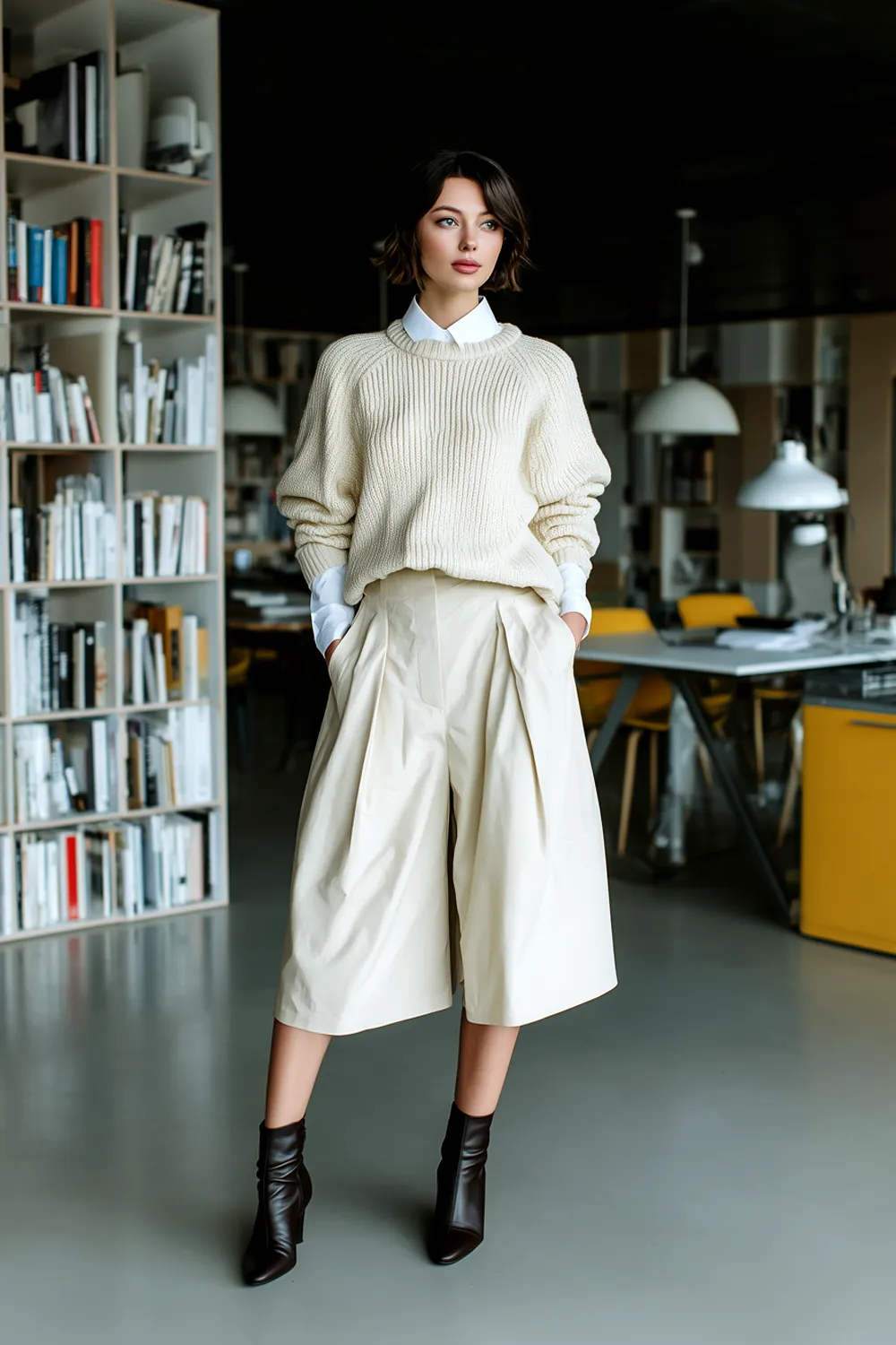Woman in winter office outfit with cream sweater, white blouse and beige culottes, styled with ankle boots in modern office interior