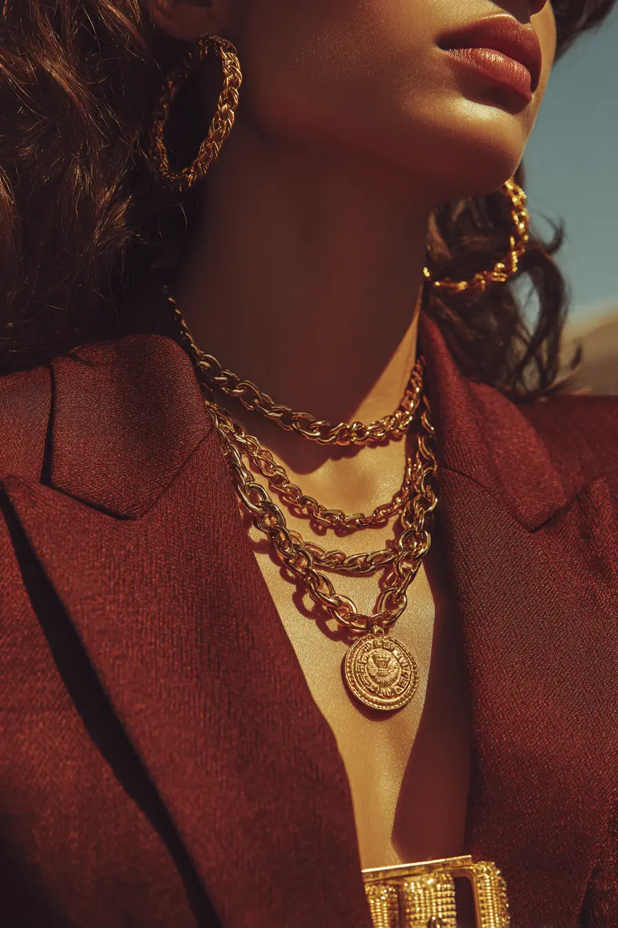 80s accessories gold belt layered chain necklaces textured hoop earrings editorial detail warm light
