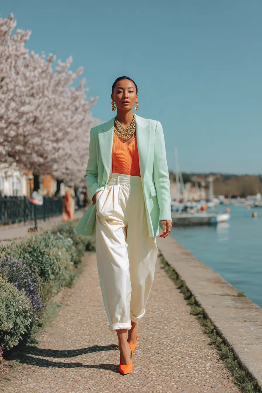 80s blazer outfit type women pastel mint coral oversized structured promenade spring editorial