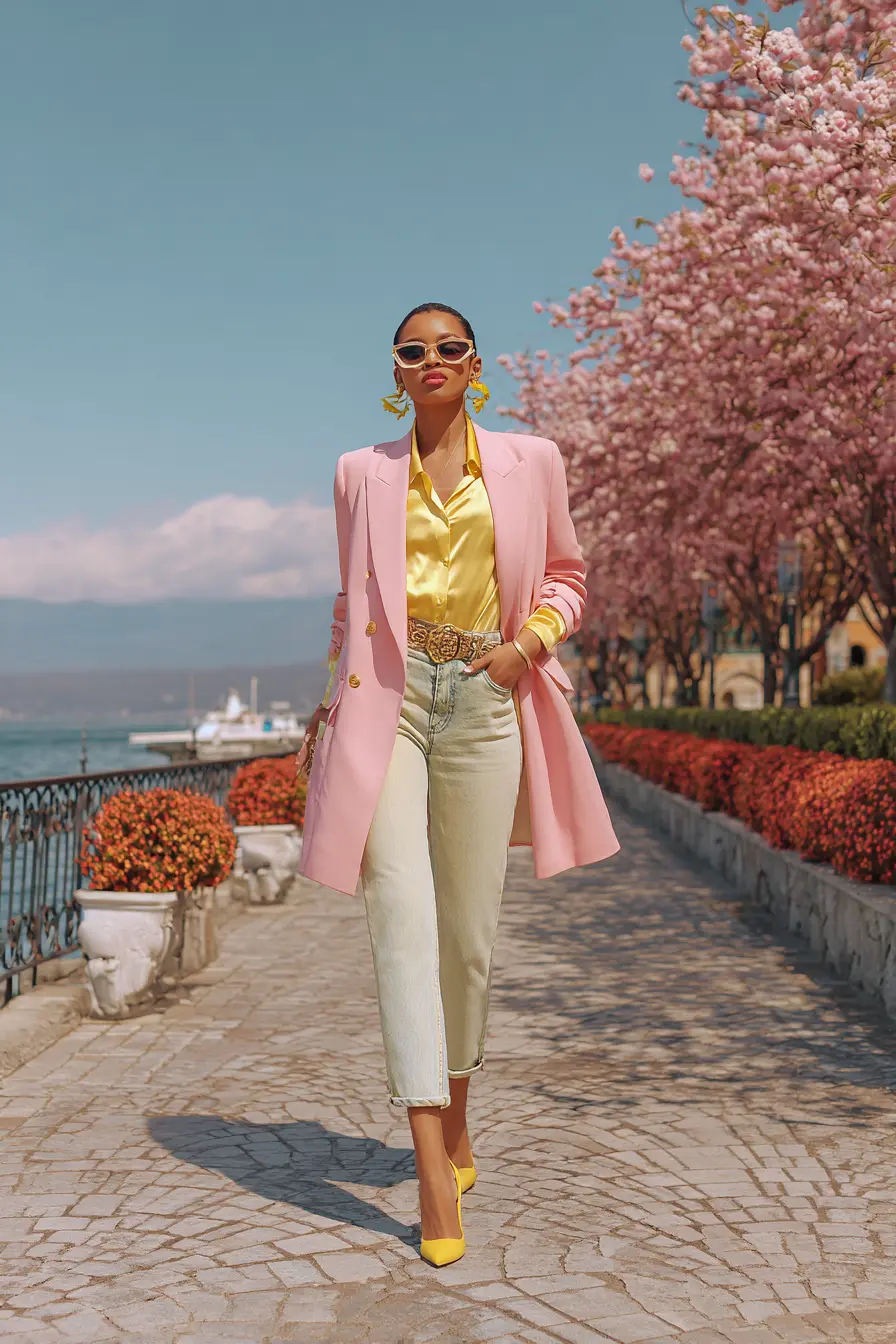 80s blazer outfit women pastel pink yellow color-block oversized jeans gold belt yellow pointed pumps boulevard