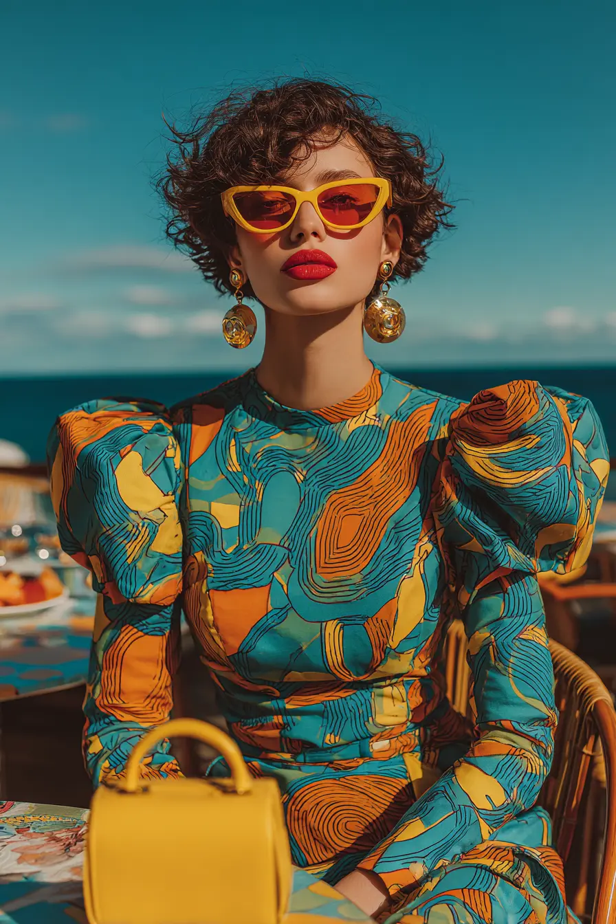 80s bold print dress women volume sleeves oversized gold earrings yellow cat-eye sunglasses yellow bag rooftop