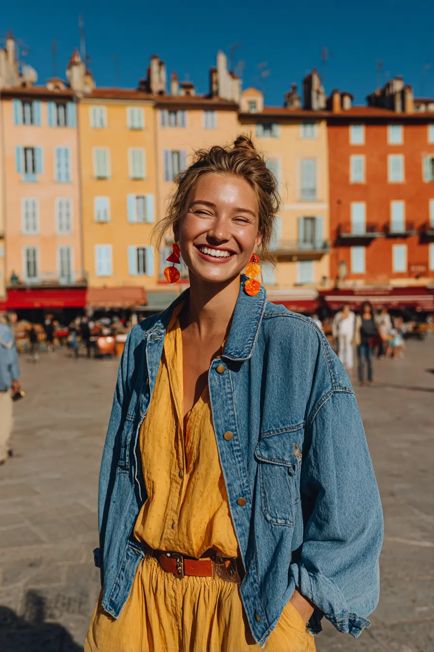 80s denim outfit women oversized jacket saffron blouse terracotta belt colorful statement earrings market square