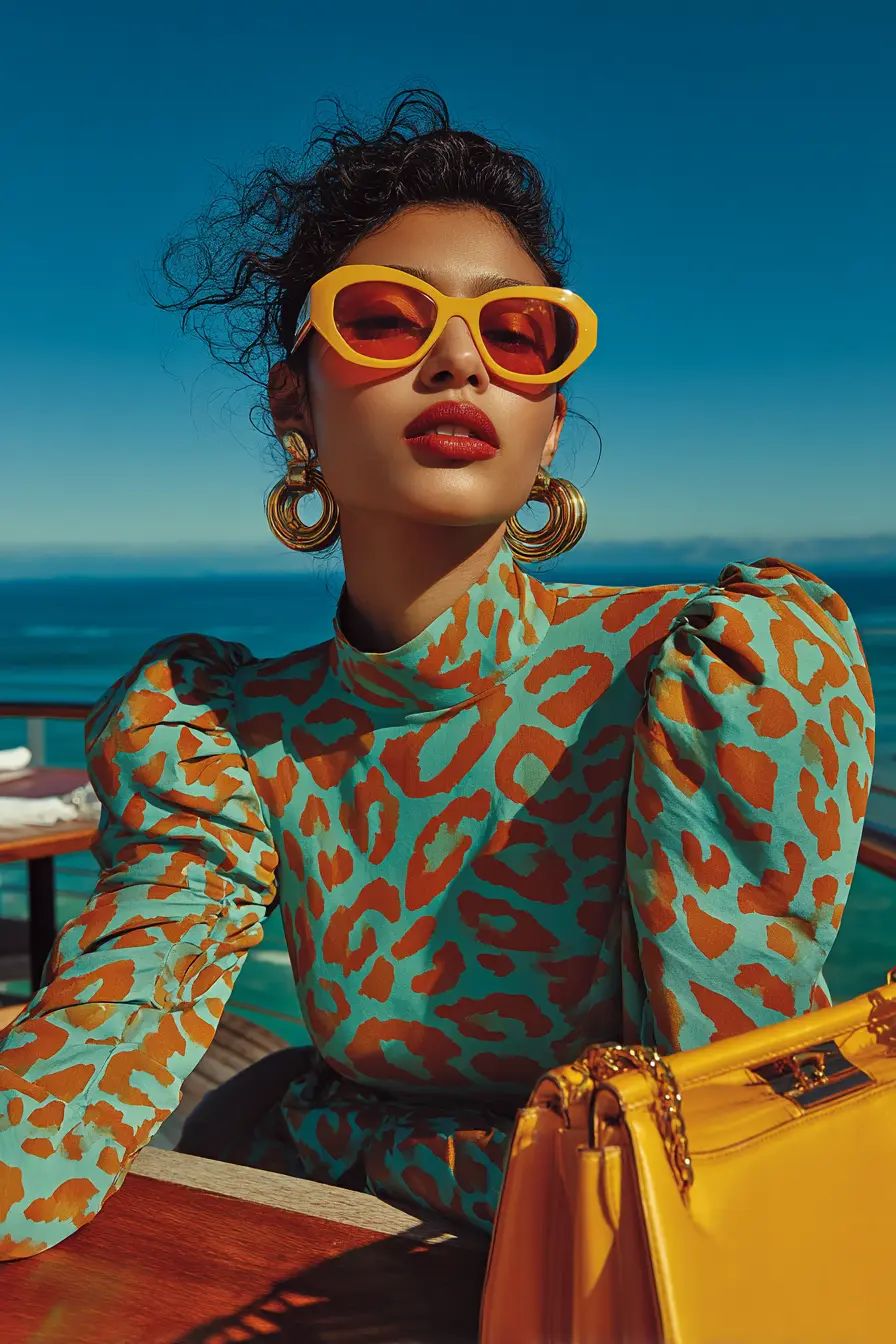 80s maximalist print dress women bold accessories yellow sunglasses gold hoops structured bag rooftop café