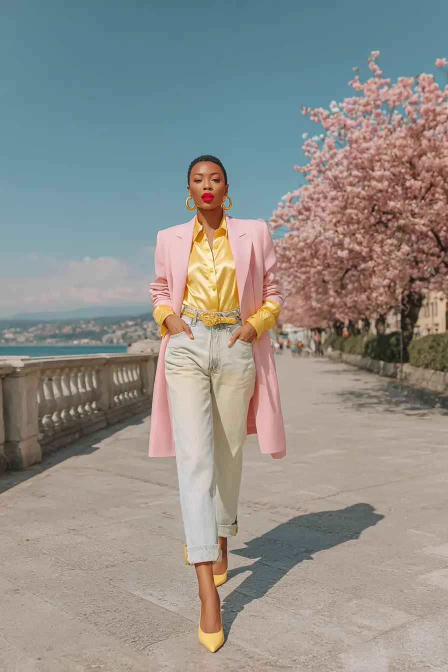 80s outfit ideas women over 30 pastel blazer jeans gold belt pumps final look boulevard spring editorial