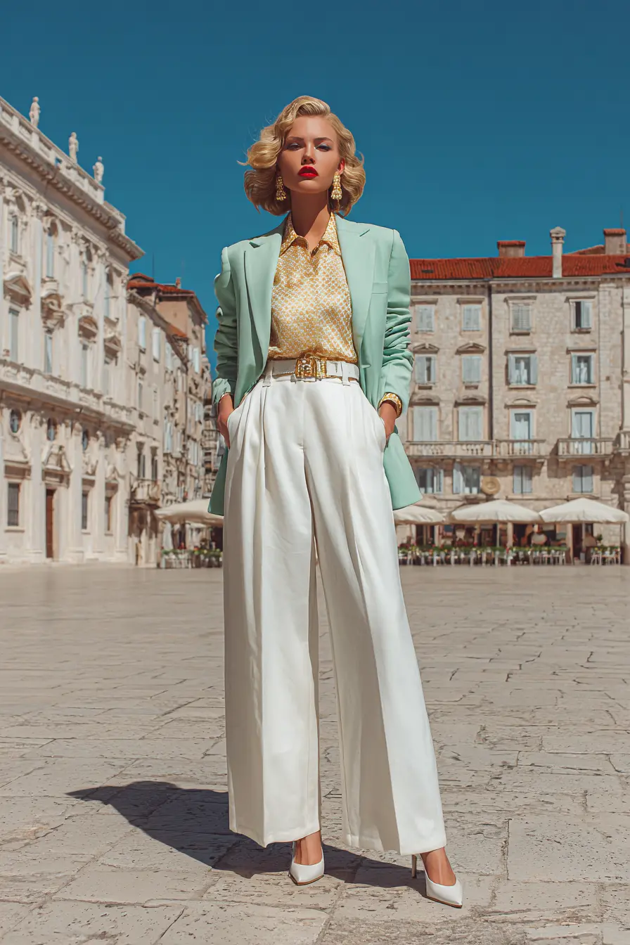 80s outfit women over 30 elevated styling guide color-block blazer gold accessories editorial confident