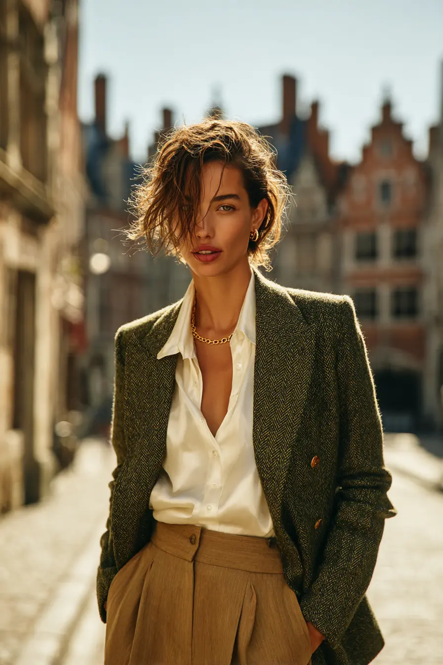 80s power blazer tweed olive open cream blouse cognac wide trousers editorial street London