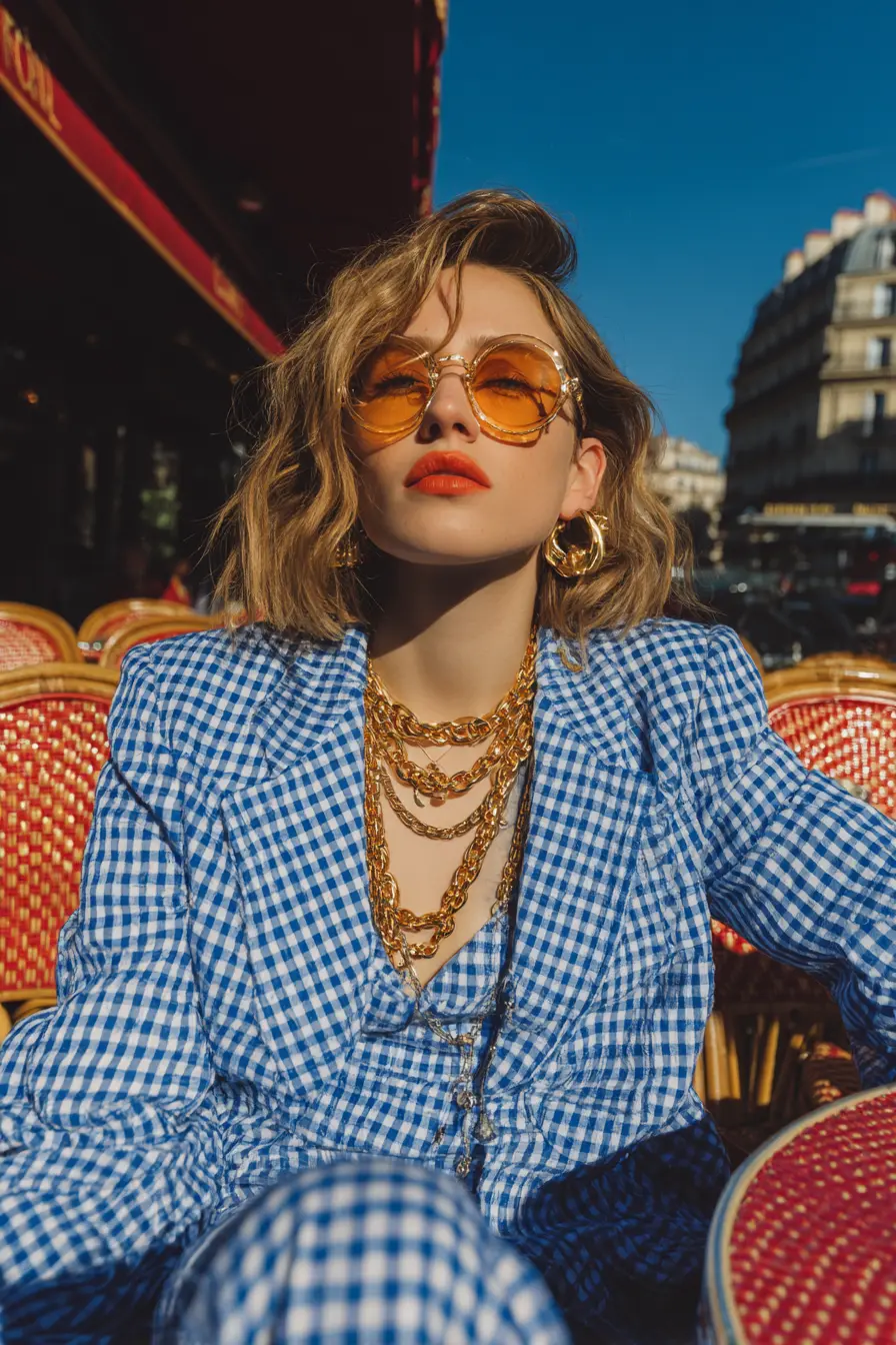 80s retro gingham blazer co-ord cobalt blue women café Paris gold chains round sunglasses editorial