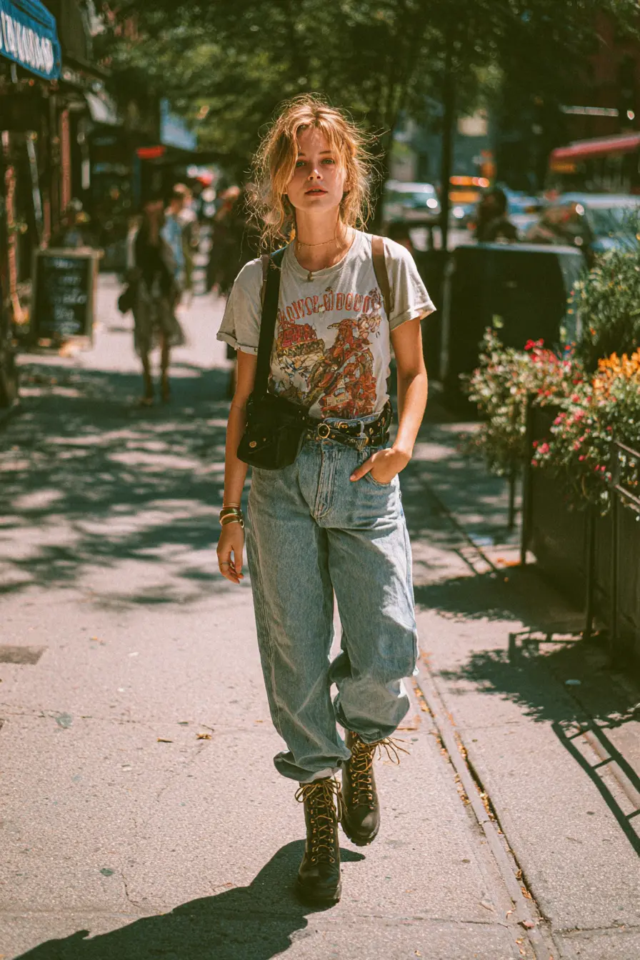 band graphic tee half-tucked into mom jeans with combat boots 90s street style