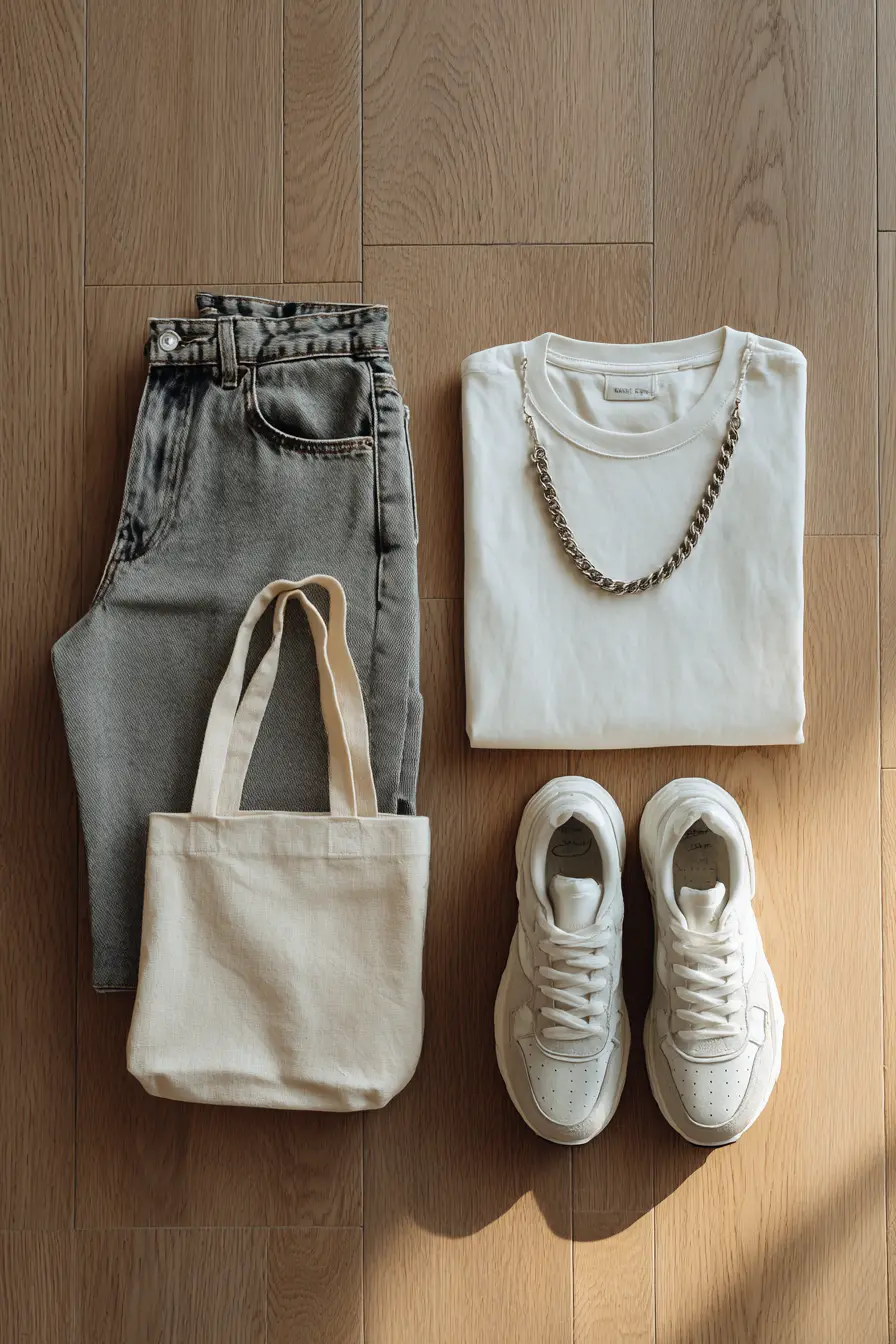 90s-inspired mom jeans outfit flat lay with white tee, sneakers, and accessories