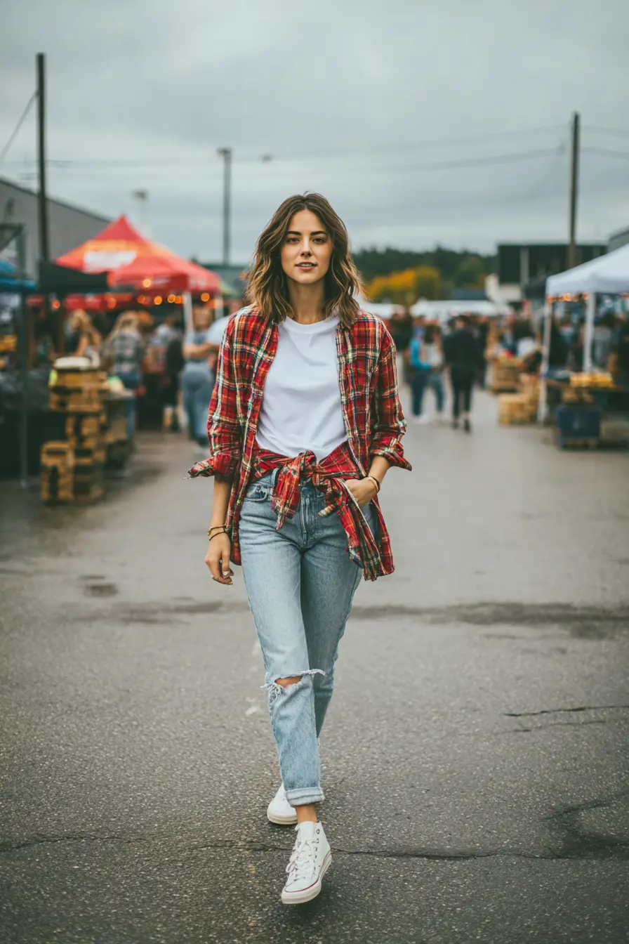 90s flannel tied at waist over white tee with mom jeans and canvas sneakers