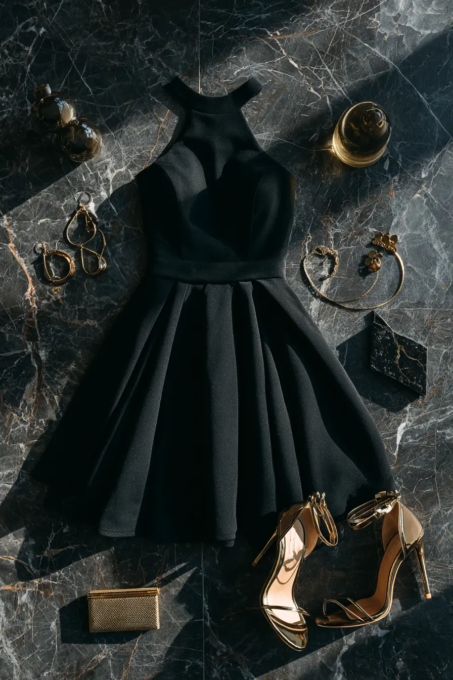elegantly styled woman in black cocktail dress showing polished dinner party look comparison
