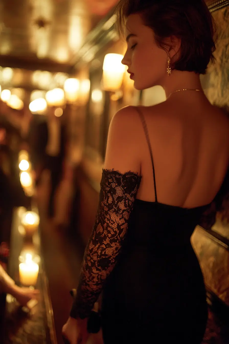 black lace detail cocktail dress with kitten heels and pearl earrings for romantic evening