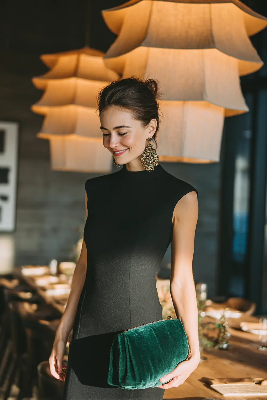 black wrap midi cocktail dress with cognac mules and layered necklace for date night dinner