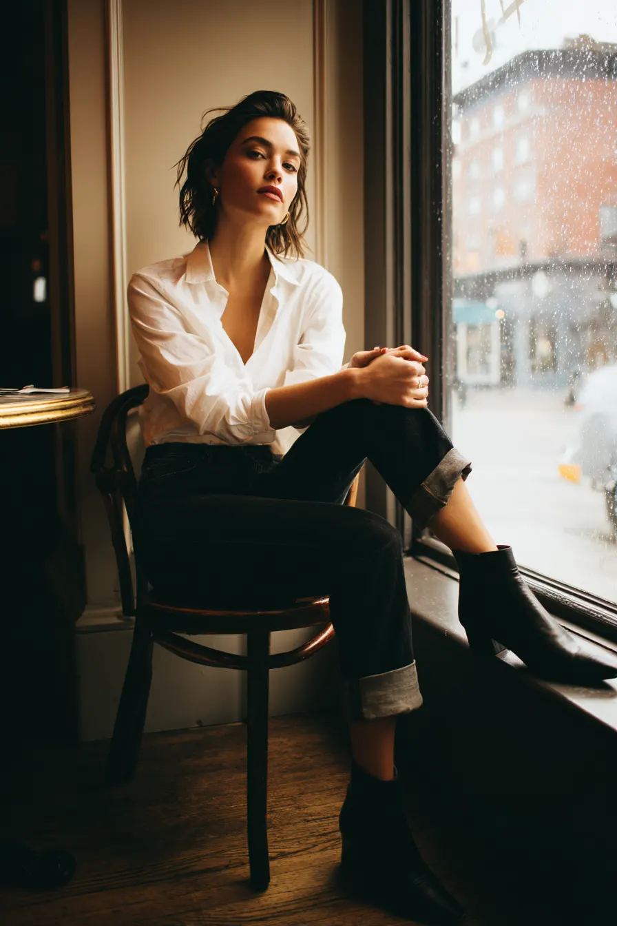 boyfriend jeans cuffed with block heels and blazer casual date outfit