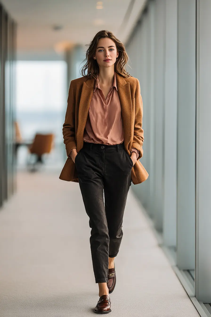 business casual interview outfit blouse longline blazer and loafers women