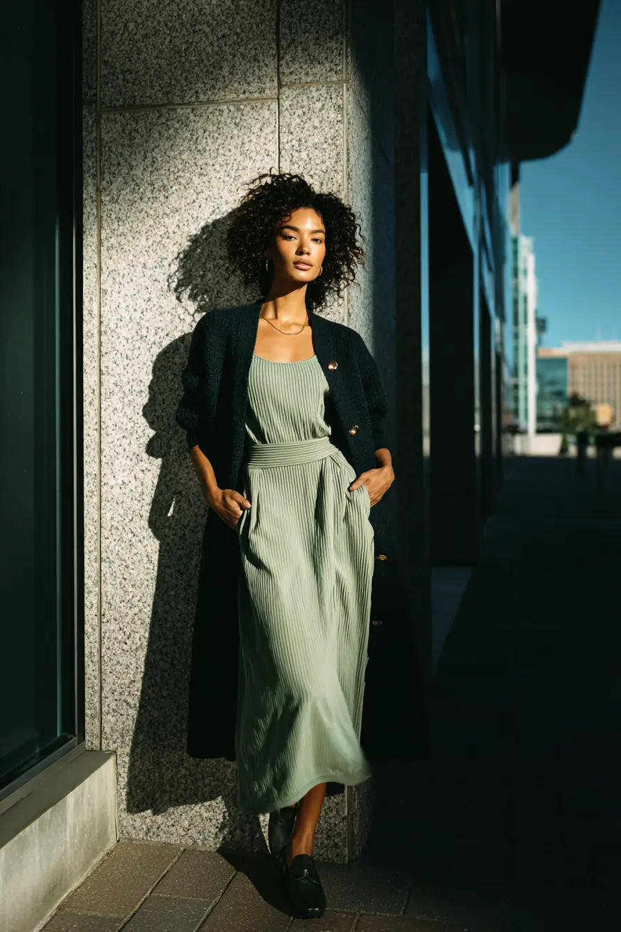 business casual interview midi dress and tailored cardigan women polished