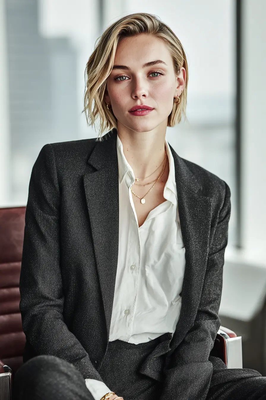 business formal interview suit women 30s tailored navy jacket and trousers