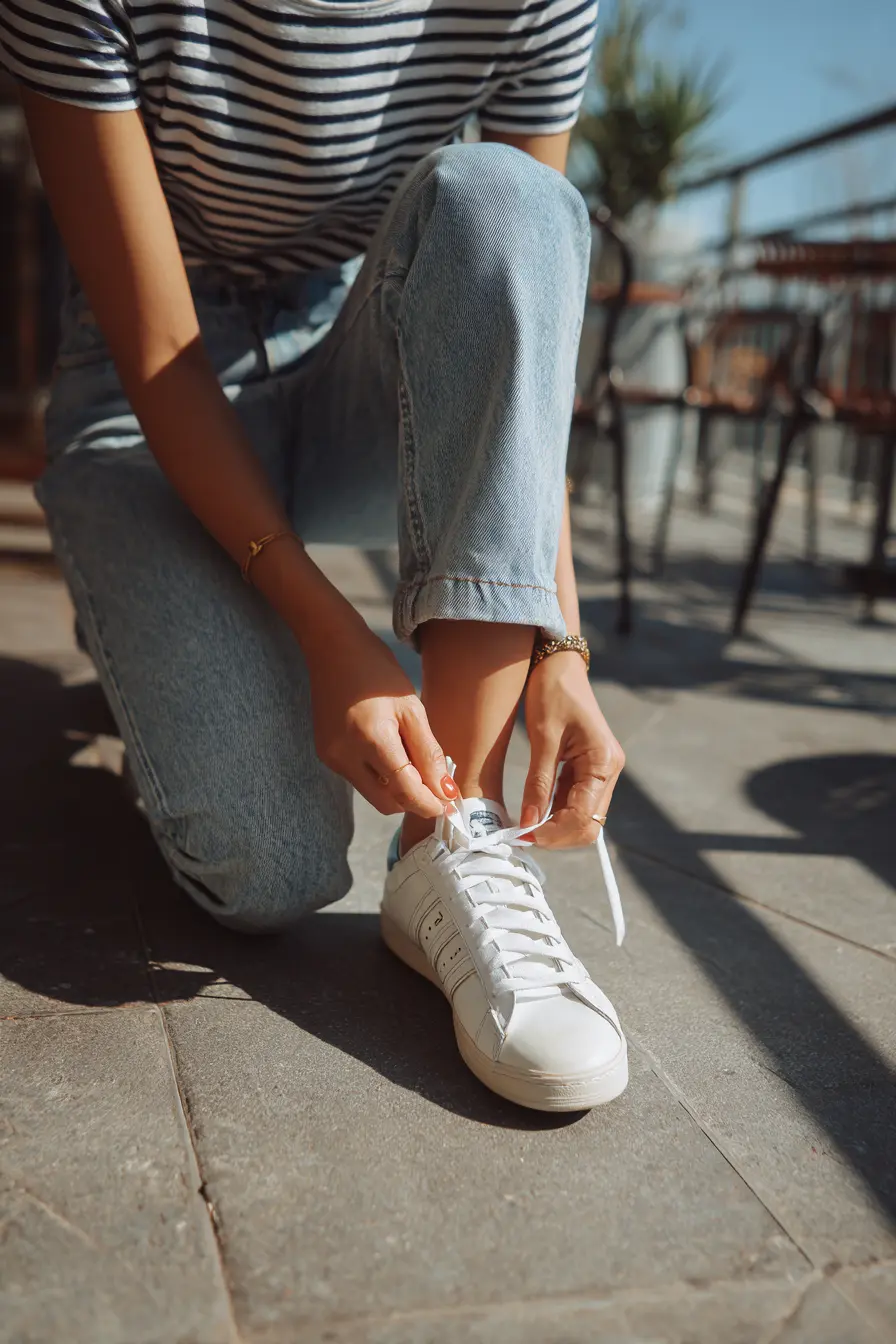 classic light-wash mom jeans outfit with white sneakers on a sunny street