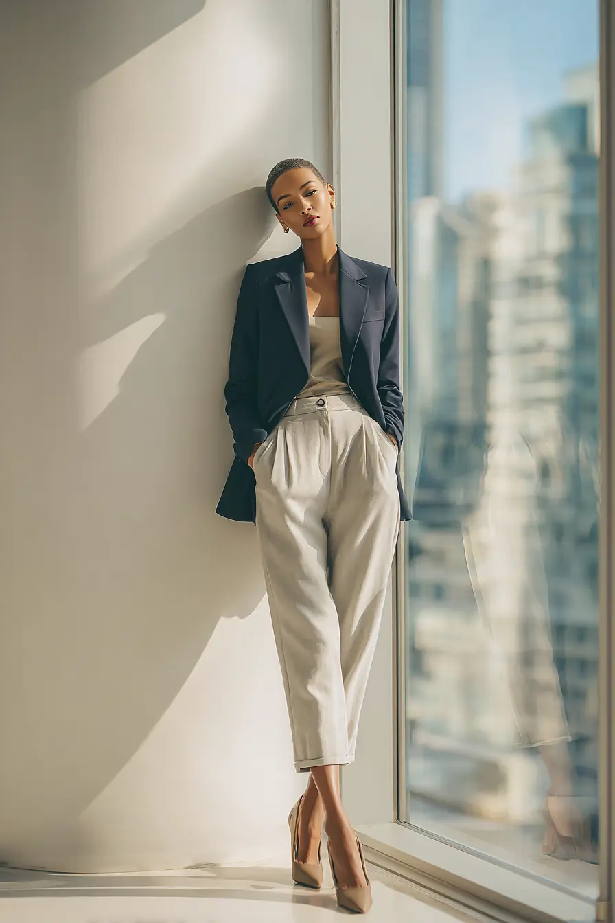 classic corporate interview outfit navy blazer and tailored trousers women