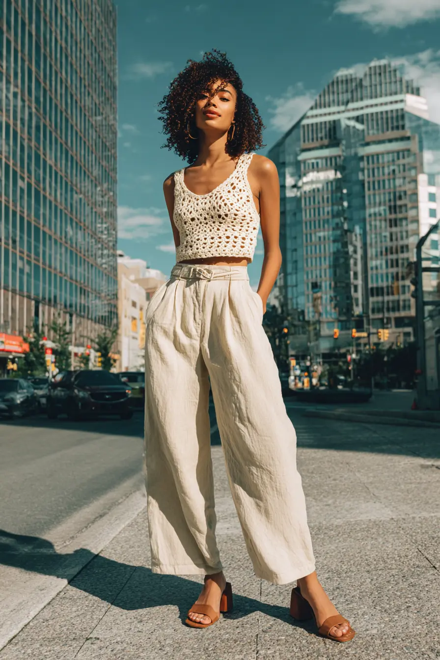 Woman standing on a city street wearing a cream crochet tank top with high-waisted beige linen wide-leg pants and sandals on a sunny day.