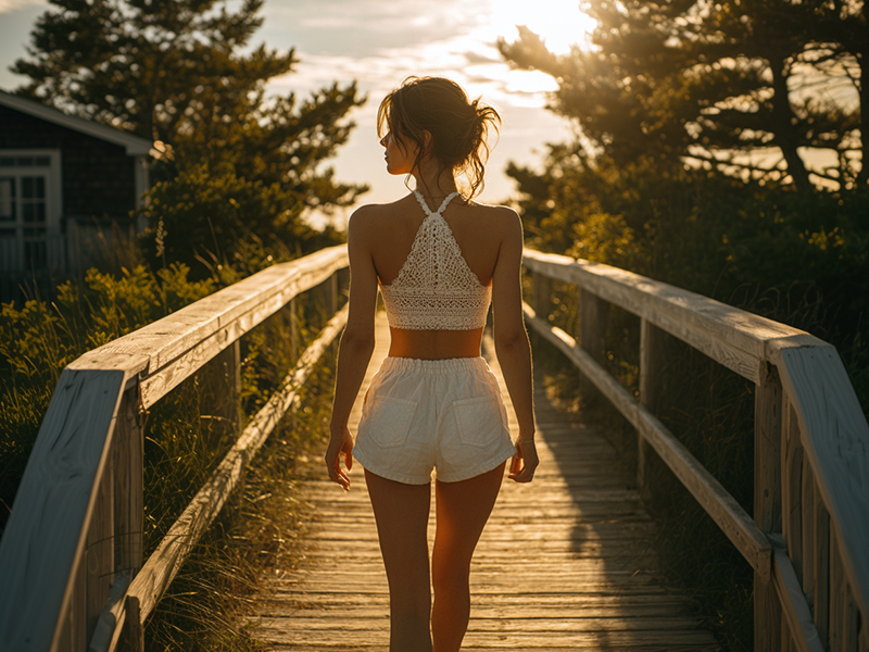 Woman walking on a wooden boardwalk at sunset wearing a white crochet halter top and white shorts, creating a beachy summer outfit.