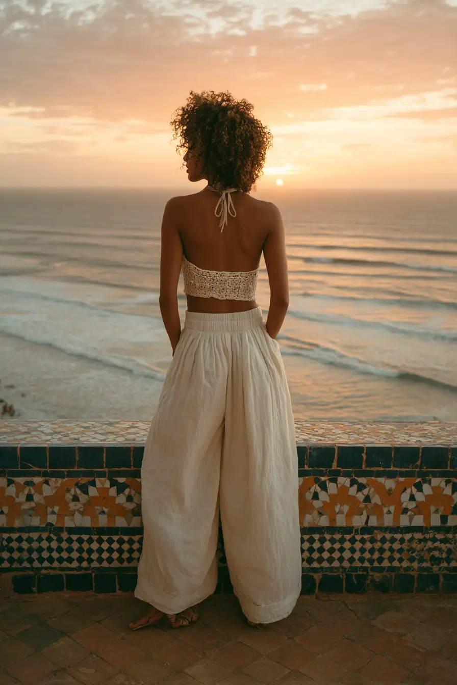 crochet summer top outfit with linen pants and sandals on coastal terrace at sunset