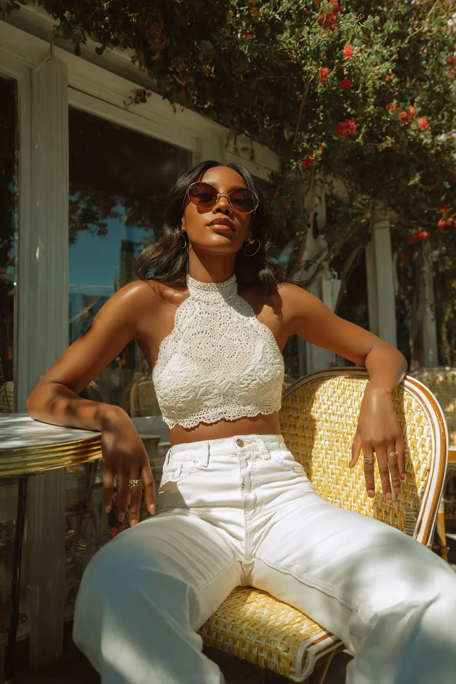 crochet tank top styled with wide-leg linen trousers and block heel mules