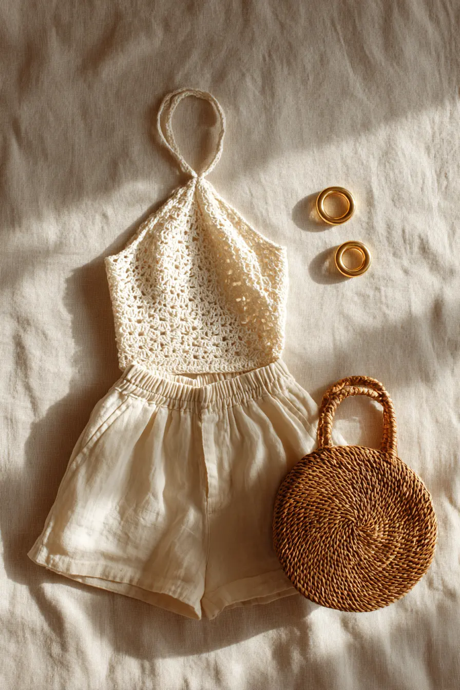 flat lay of white crochet halter top with gold hoop earrings and linen shorts