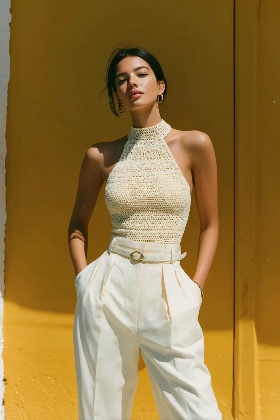 crochet top correctly styled with high waist bottoms and simple accessories