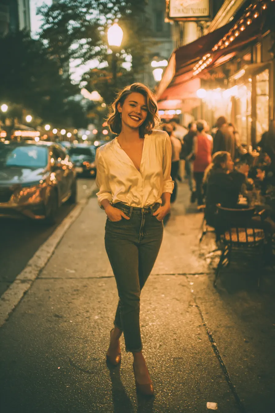 dark-wash mom jeans with silk blouse and heeled mules for evening style